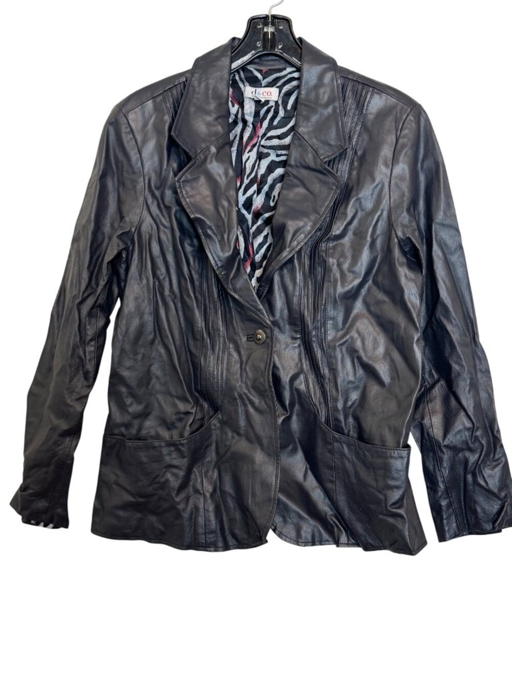 D&Co Womens Black Genuine Leather Blazer Jacket XL Zebra